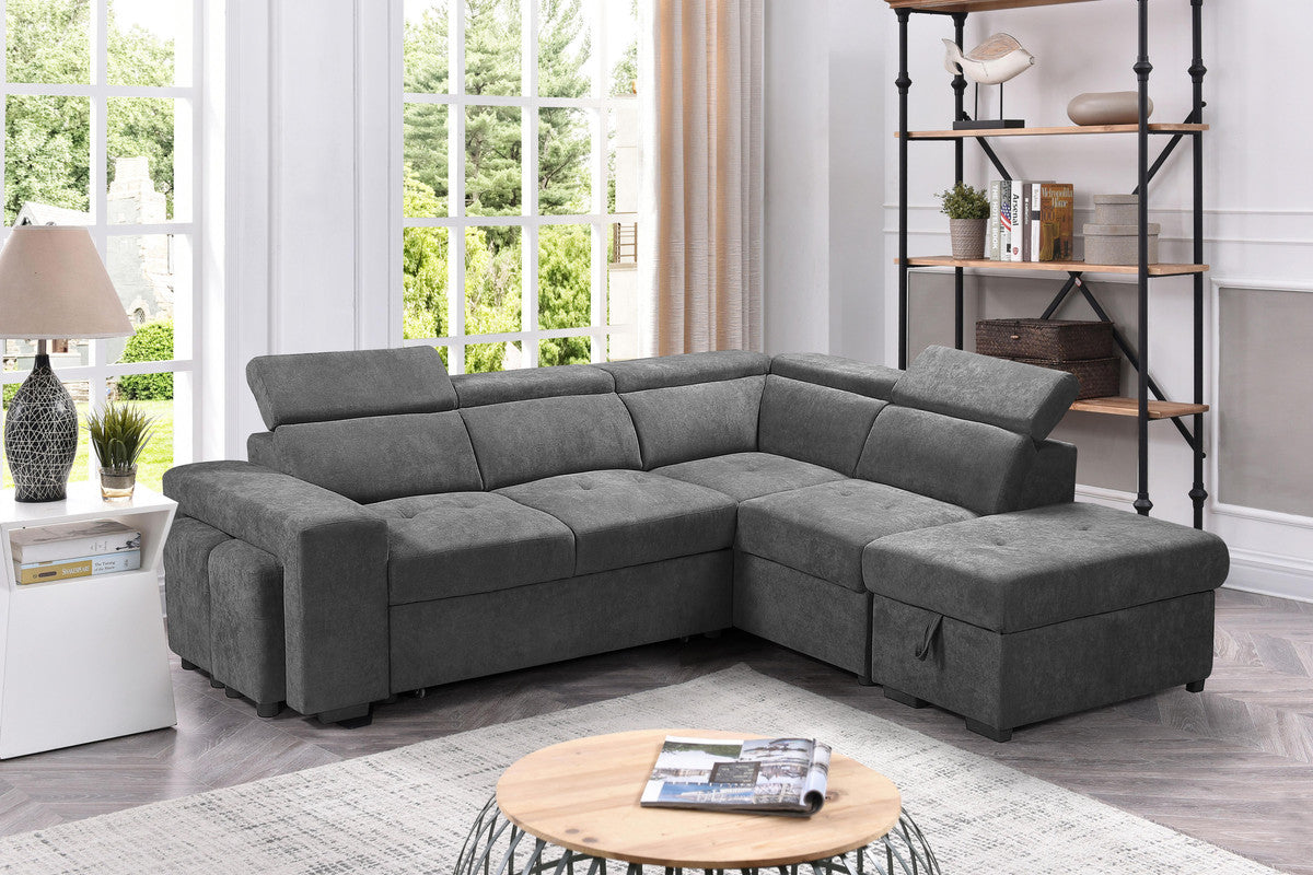 ashlyn light gray sleeper sectional sofa with storage ottoman and 2 stools