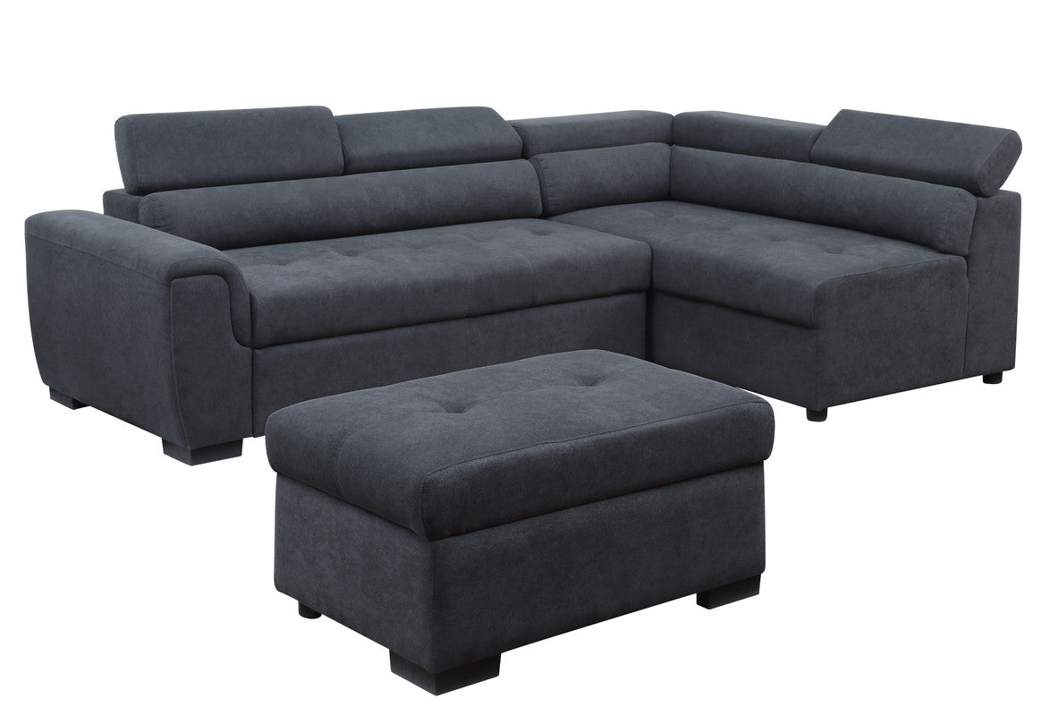 ashlyn dark gray fabric sleeper sofa sectional with adjustable headrest and storage ottoman