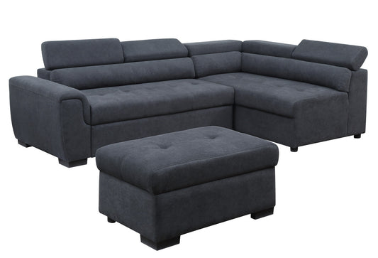 Ashlyn Dark Gray Fabric Sleeper Sofa Sectional with Adjustable Headrest and Storage Ottoman