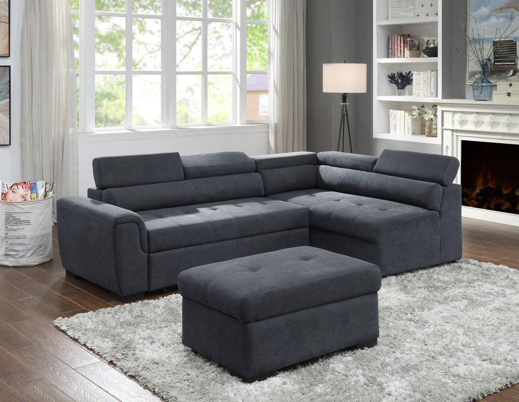 ashlyn dark gray fabric sleeper sofa sectional with adjustable headrest and storage ottoman