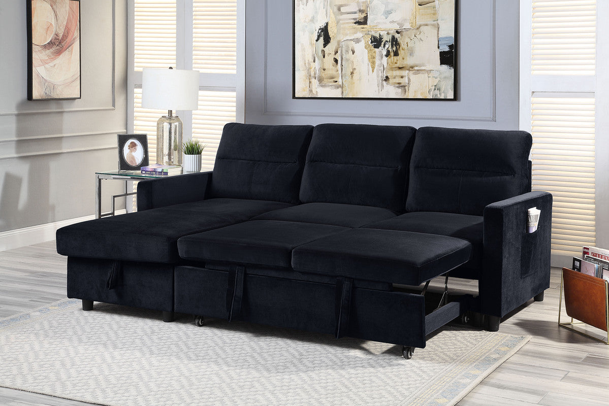 ashlyn black velvet reversible sleeper sectional sofa with storage chaise and side pocket