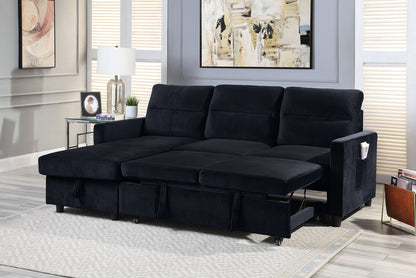 Ashlyn Black Velvet Reversible Sleeper Sectional Sofa with Storage Chaise and Side Pocket