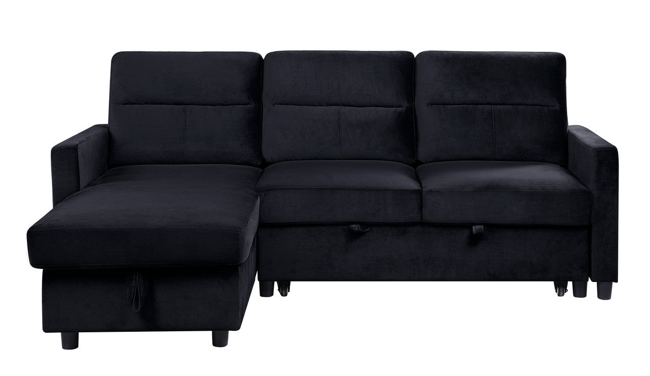 ashlyn black velvet reversible sleeper sectional sofa with storage chaise and side pocket