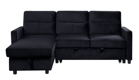 Ashlyn Black Velvet Reversible Sleeper Sectional Sofa with Storage Chaise and Side Pocket