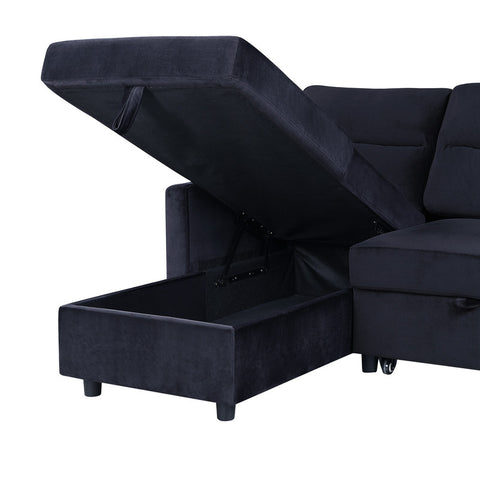 Ashlyn Black Velvet Reversible Sleeper Sectional Sofa with Storage Chaise and Side Pocket
