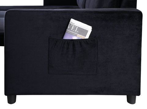 Ashlyn Black Velvet Reversible Sleeper Sectional Sofa with Storage Chaise and Side Pocket