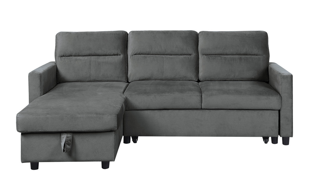 estelle dark gray velvet reversible sleeper sectional sofa with storage chaise and side pocket