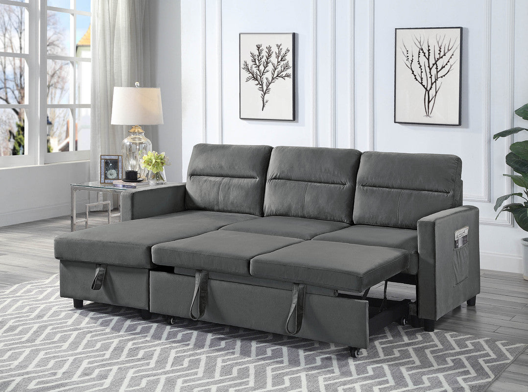 estelle dark gray velvet reversible sleeper sectional sofa with storage chaise and side pocket