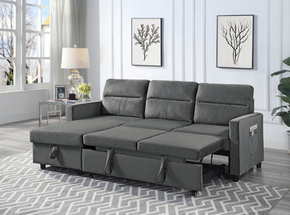 Estelle Dark Gray Velvet Reversible Sleeper Sectional Sofa with Storage Chaise and Side Pocket