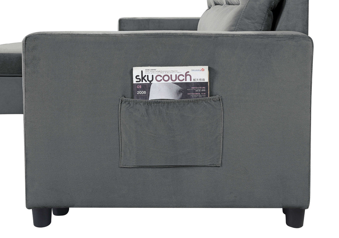 estelle dark gray velvet reversible sleeper sectional sofa with storage chaise and side pocket