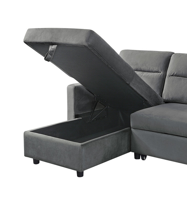 estelle dark gray velvet reversible sleeper sectional sofa with storage chaise and side pocket