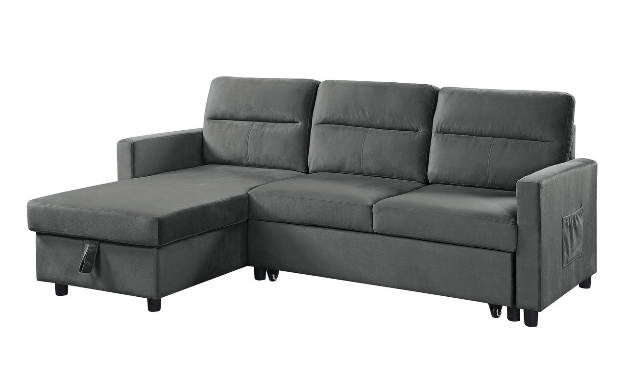 estelle dark gray velvet reversible sleeper sectional sofa with storage chaise and side pocket