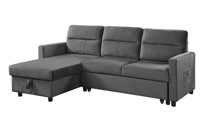 Estelle Dark Gray Velvet Reversible Sleeper Sectional Sofa with Storage Chaise and Side Pocket