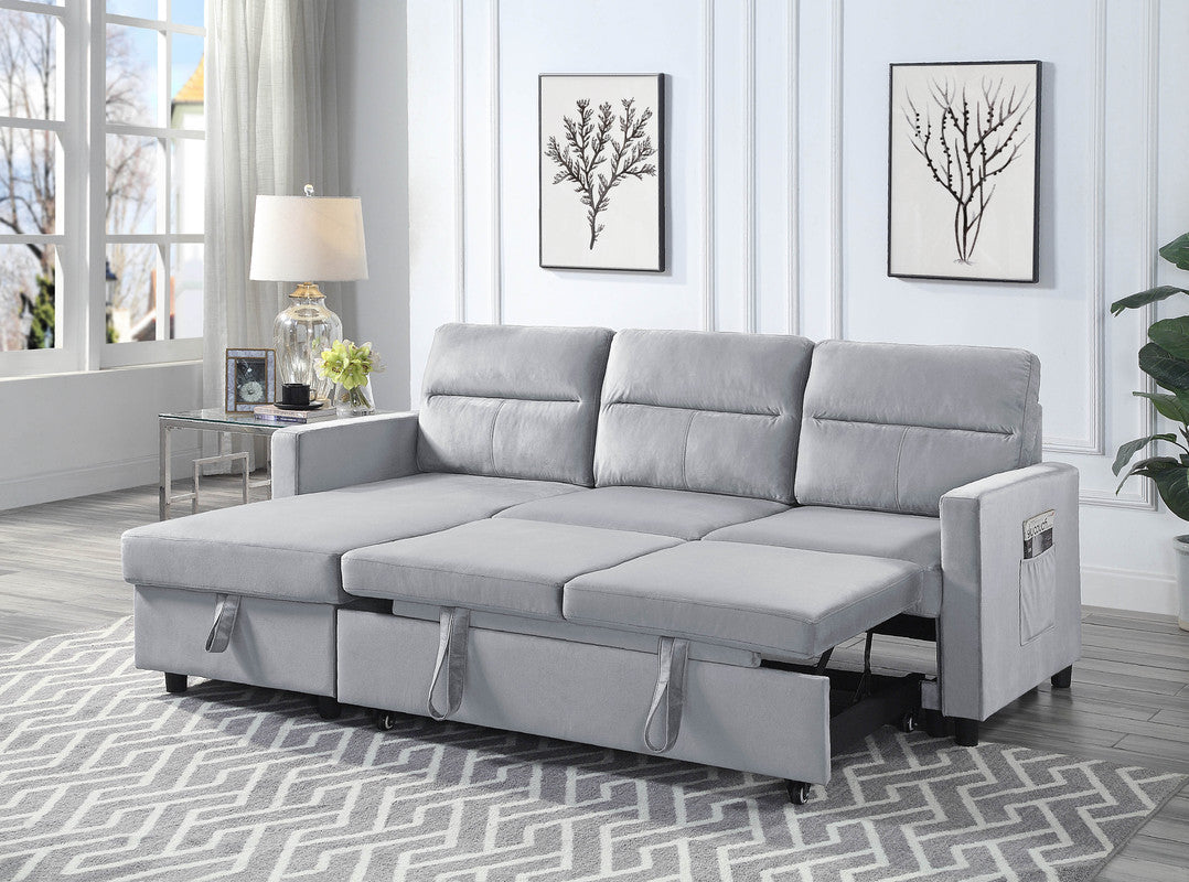 estelle light gray velvet reversible sleeper sectional sofa with storage chaise and side pocket