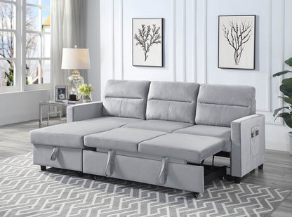 Estelle Light Gray Velvet Reversible Sleeper Sectional Sofa with Storage Chaise and Side Pocket