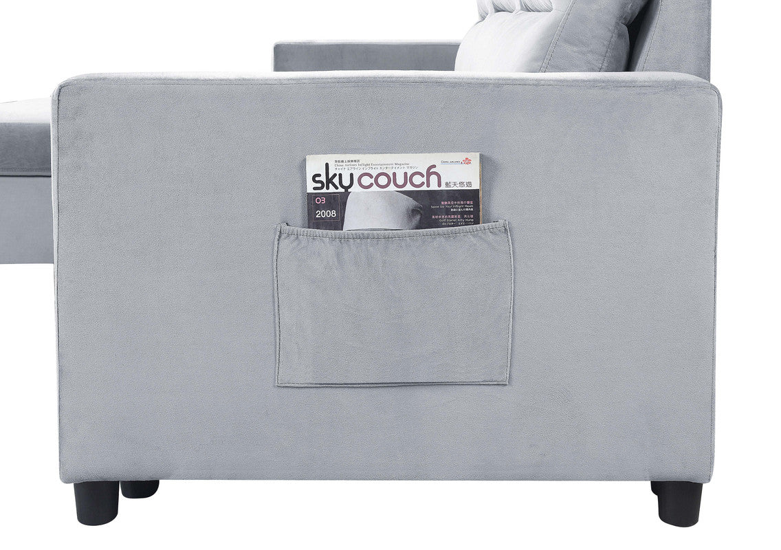 estelle light gray velvet reversible sleeper sectional sofa with storage chaise and side pocket