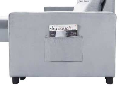 Estelle Light Gray Velvet Reversible Sleeper Sectional Sofa with Storage Chaise and Side Pocket