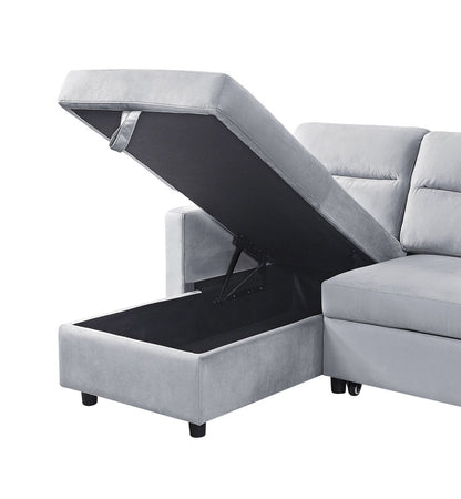 Estelle Light Gray Velvet Reversible Sleeper Sectional Sofa with Storage Chaise and Side Pocket