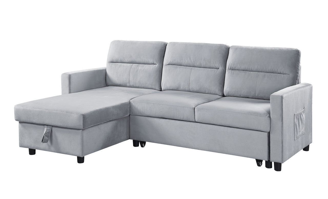 estelle light gray velvet reversible sleeper sectional sofa with storage chaise and side pocket