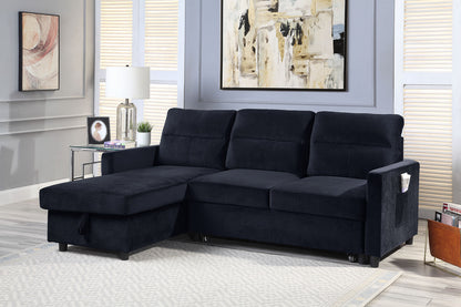 Ashlyn Black Velvet Reversible Sleeper Sectional Sofa with Storage Chaise and Side Pocket