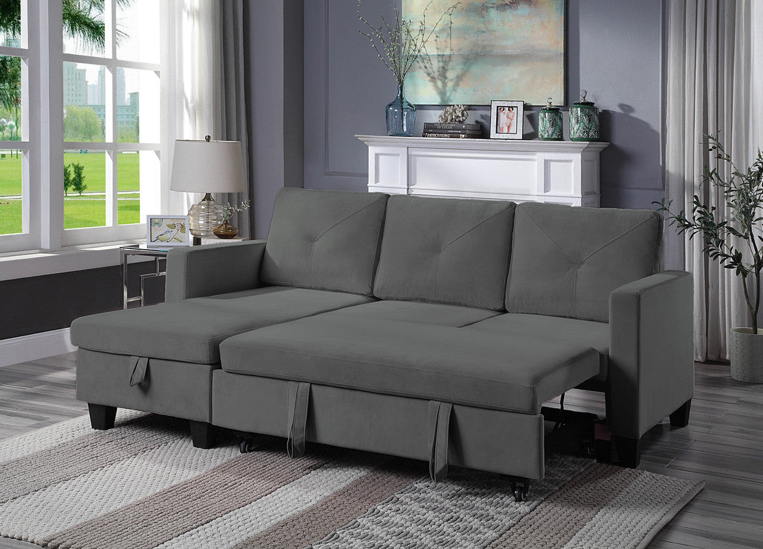 lexi dark gray velvet reversible sleeper sectional sofa with storage chaise