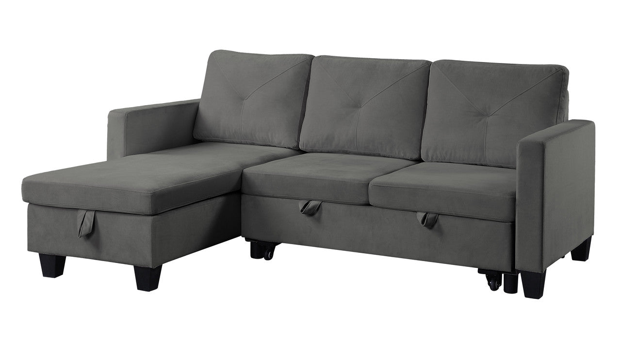 lexi dark gray velvet reversible sleeper sectional sofa with storage chaise