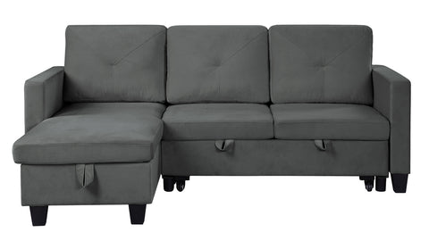 Lexi Dark Gray Velvet Reversible Sleeper Sectional Sofa with Storage Chaise