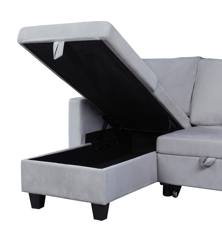lexi light gray velvet reversible sleeper sectional sofa with storage chaise