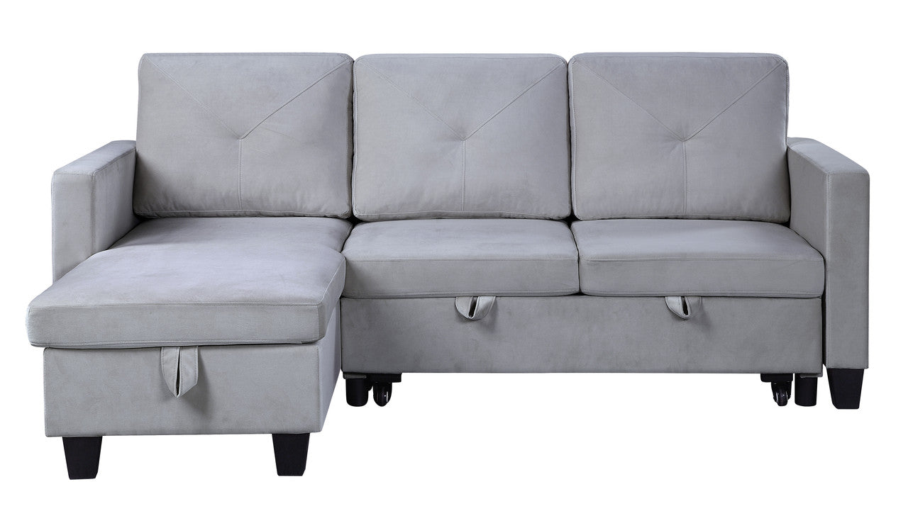 lexi light gray velvet reversible sleeper sectional sofa with storage chaise