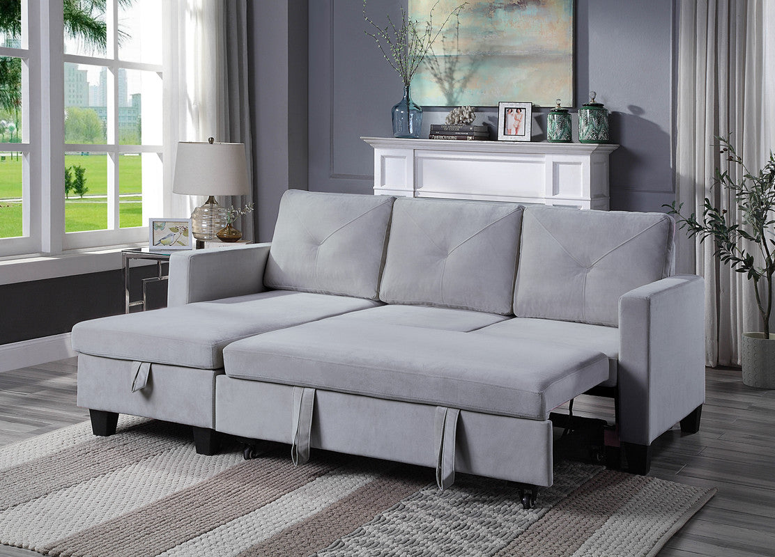 lexi light gray velvet reversible sleeper sectional sofa with storage chaise