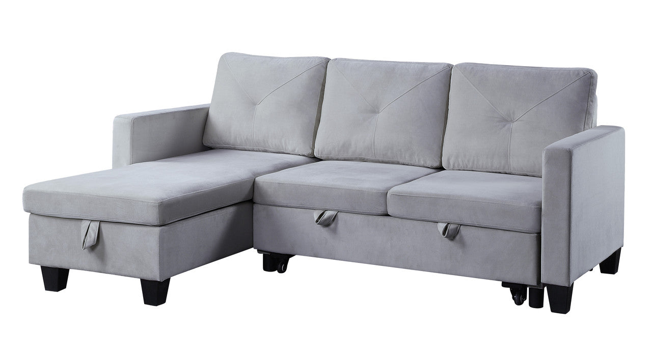 lexi light gray velvet reversible sleeper sectional sofa with storage chaise