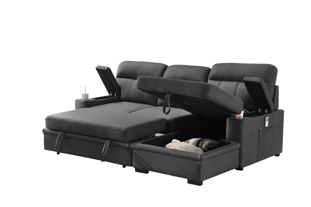 lucca gray fabric sleeper sectional sofa chaise with storage arms and cupholder