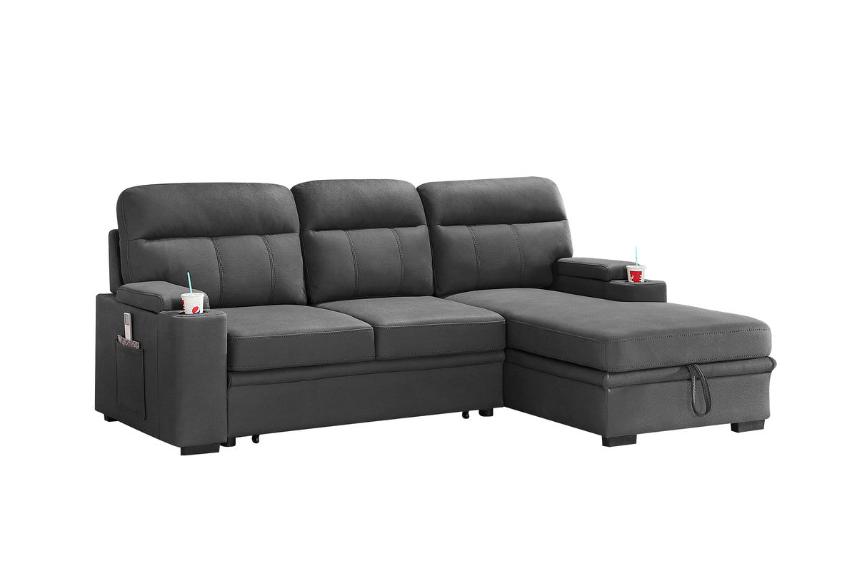 lucca gray fabric sleeper sectional sofa chaise with storage arms and cupholder