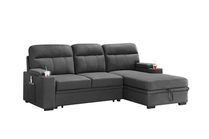 Lucca Gray Fabric Sleeper Sectional Sofa Chaise with Storage Arms and Cupholder