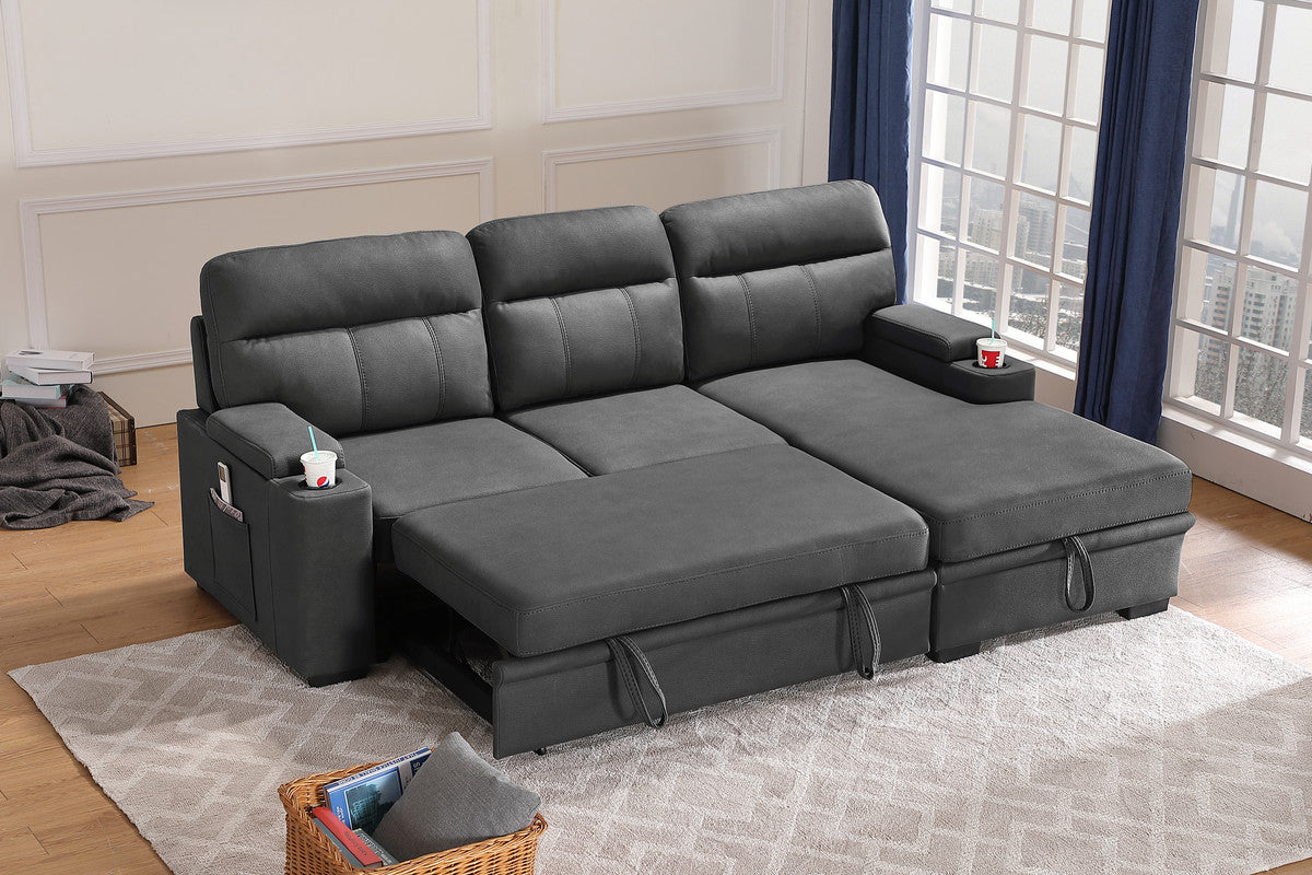 lucca gray fabric sleeper sectional sofa chaise with storage arms and cupholder