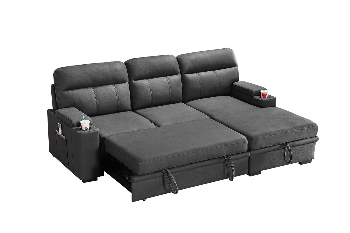 lucca gray fabric sleeper sectional sofa chaise with storage arms and cupholder