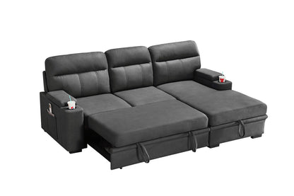 Lucca Gray Fabric Sleeper Sectional Sofa Chaise with Storage Arms and Cupholder