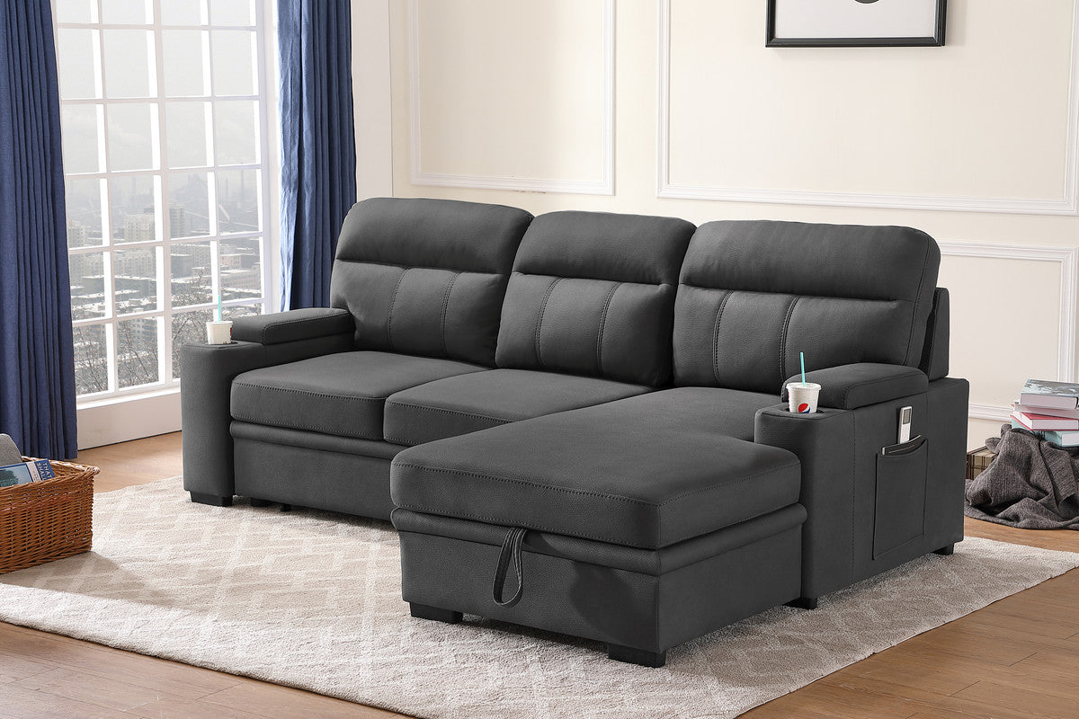 lucca gray fabric sleeper sectional sofa chaise with storage arms and cupholder