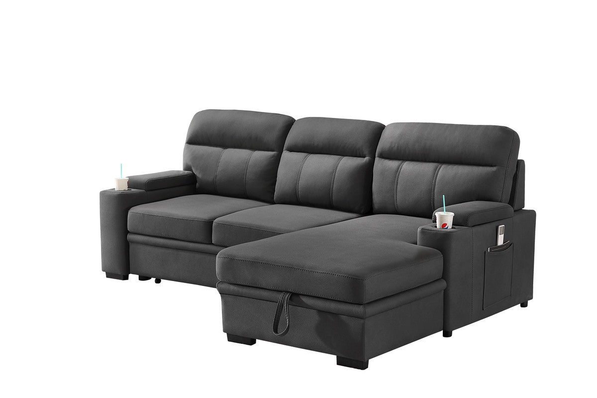 lucca gray fabric sleeper sectional sofa chaise with storage arms and cupholder