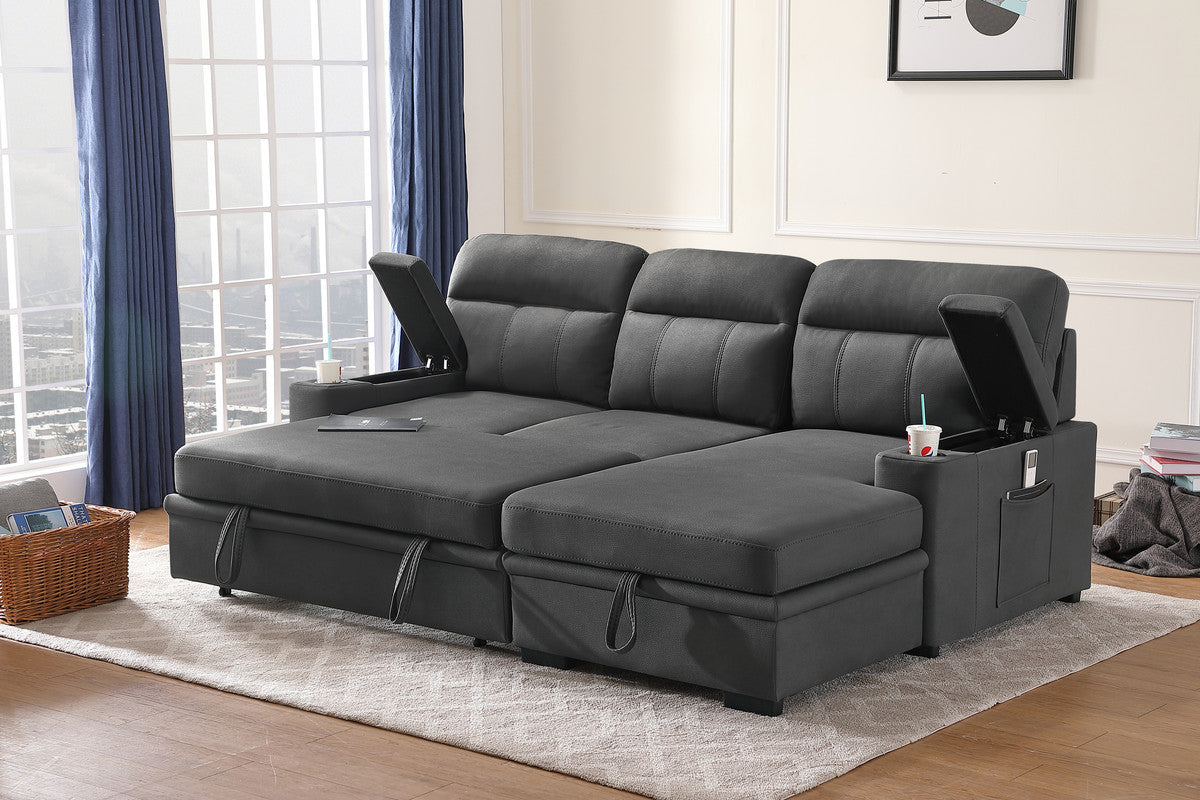 lucca gray fabric sleeper sectional sofa chaise with storage arms and cupholder