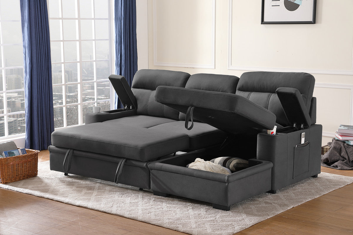 lucca gray fabric sleeper sectional sofa chaise with storage arms and cupholder