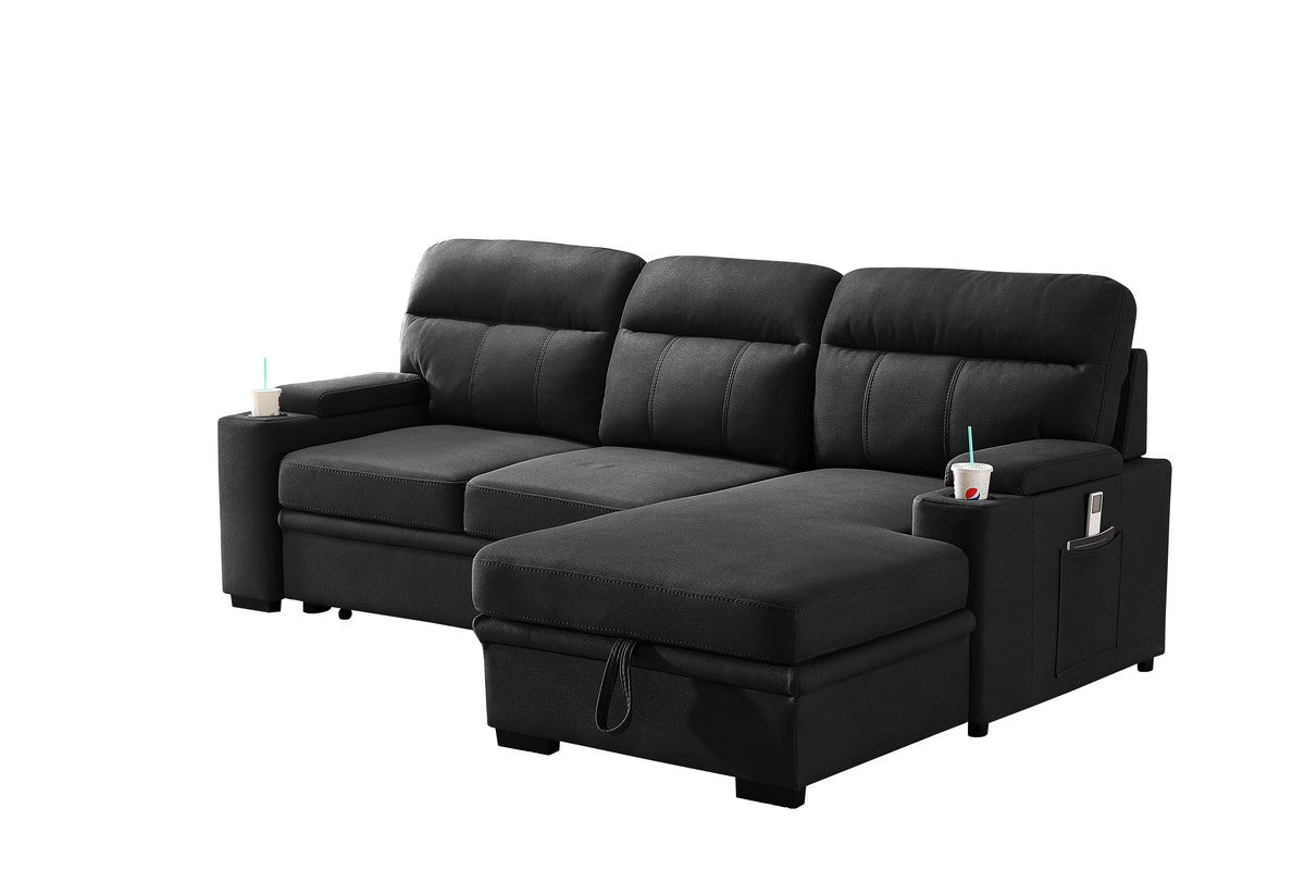 lucca black fabric sleeper sectional sofa chaise with storage arms and cupholder