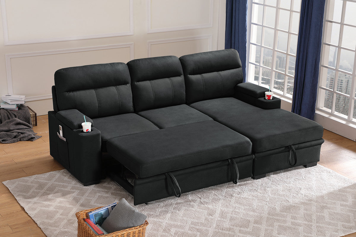 lucca black fabric sleeper sectional sofa chaise with storage arms and cupholder