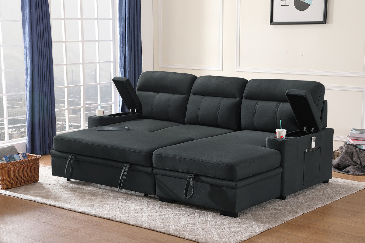 lucca black fabric sleeper sectional sofa chaise with storage arms and cupholder