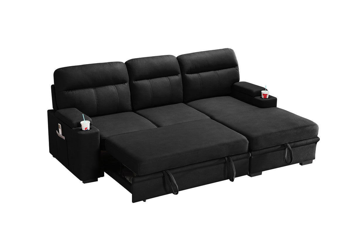 lucca black fabric sleeper sectional sofa chaise with storage arms and cupholder