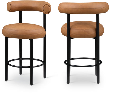 Selene Cognac Vegan Leather Upholstered Counter Stool, 2-Piece