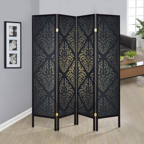 Macon 4-Panel Room Divider Folding Screen Black DamaskBlack