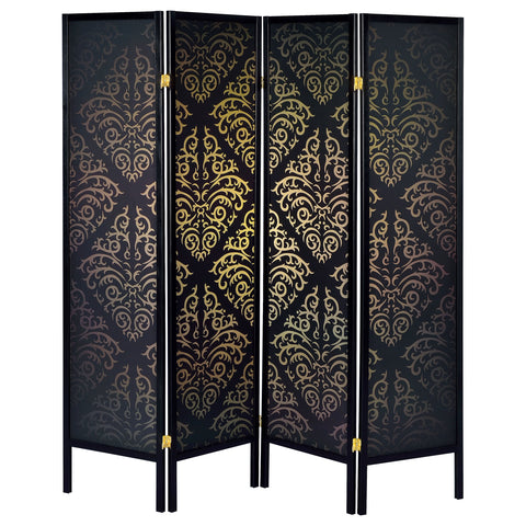 Macon 4-Panel Room Divider Folding Screen Black DamaskBlack