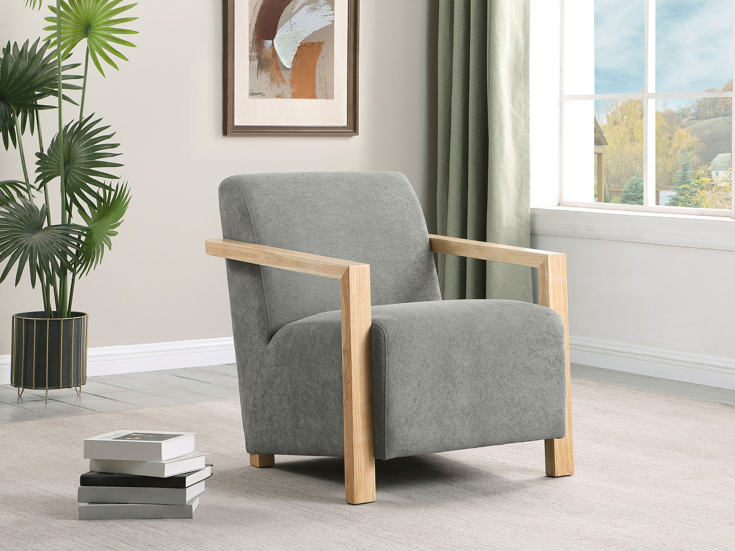 hertford upholstered accent arm chair with wood arms greygrey