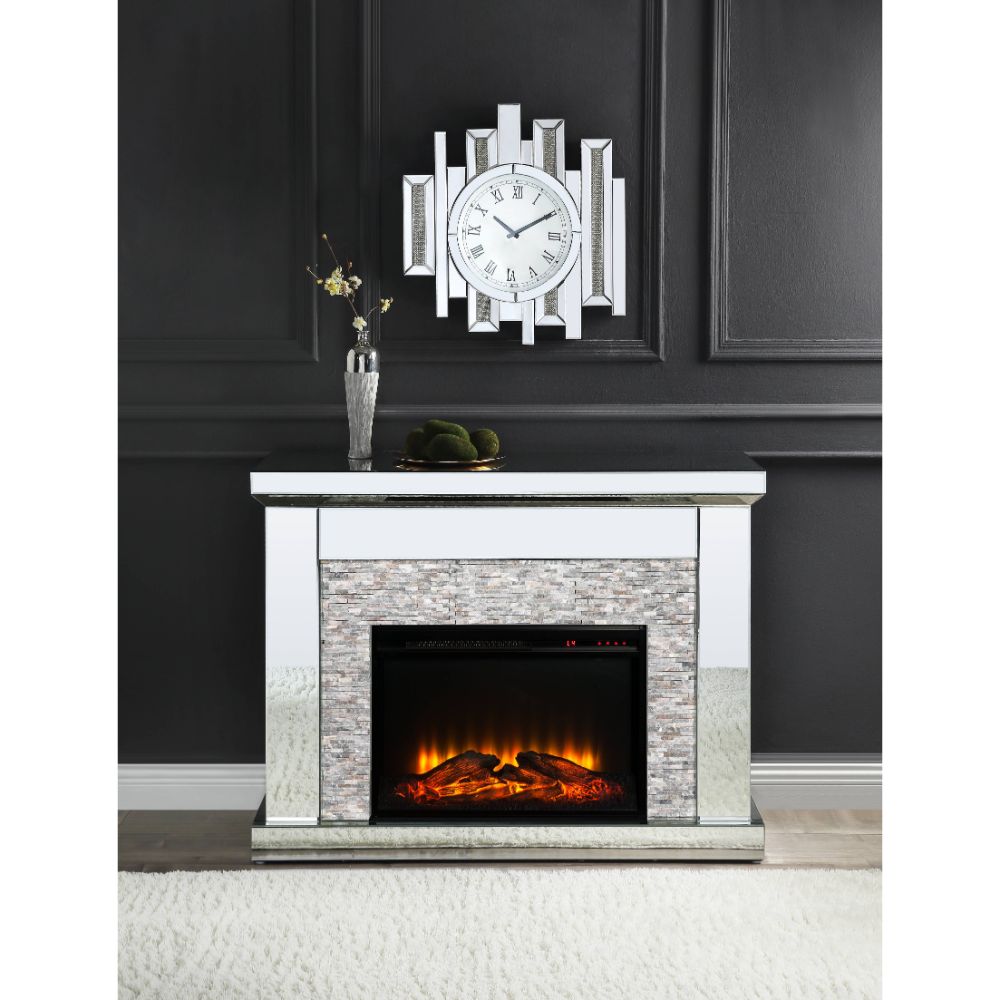 kaia fireplace, mirrored & stone